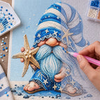 Diamond painting process for Seaside Starfish Gnome Diamond Painting Kit, with hands applying drills over a seaside gnome in a starry blue hat holding a starfish.