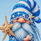 Close-up detail of drill texture across a seaside gnome in a starry blue hat holding a starfish.