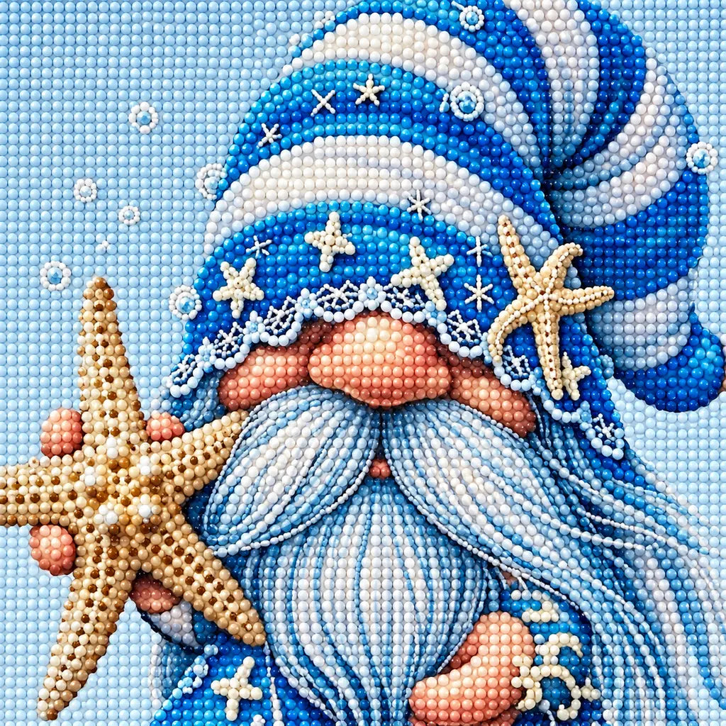 Close-up detail of drill texture across a seaside gnome in a starry blue hat holding a starfish.