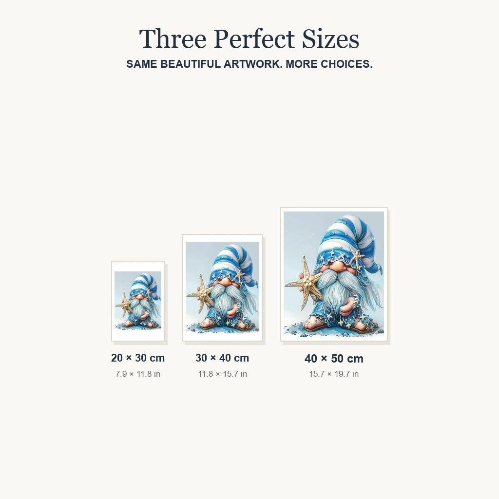 Size guide for Seaside Starfish Gnome Diamond Painting Kit: 20 × 30 cm, 30 × 40 cm and 40 × 50 cm.