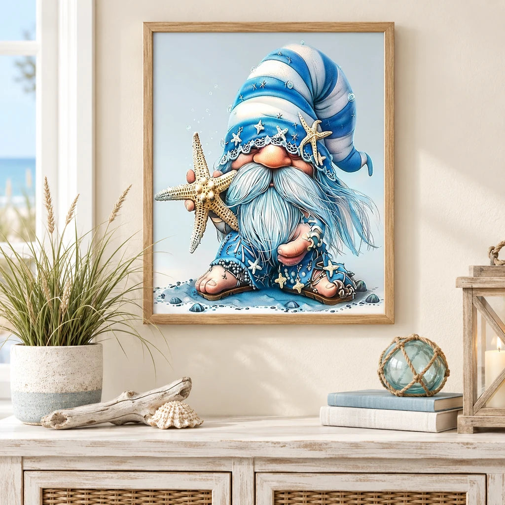 Home decor scene showing the Seaside Starfish Gnome Diamond Painting Kit artwork displayed in a room.