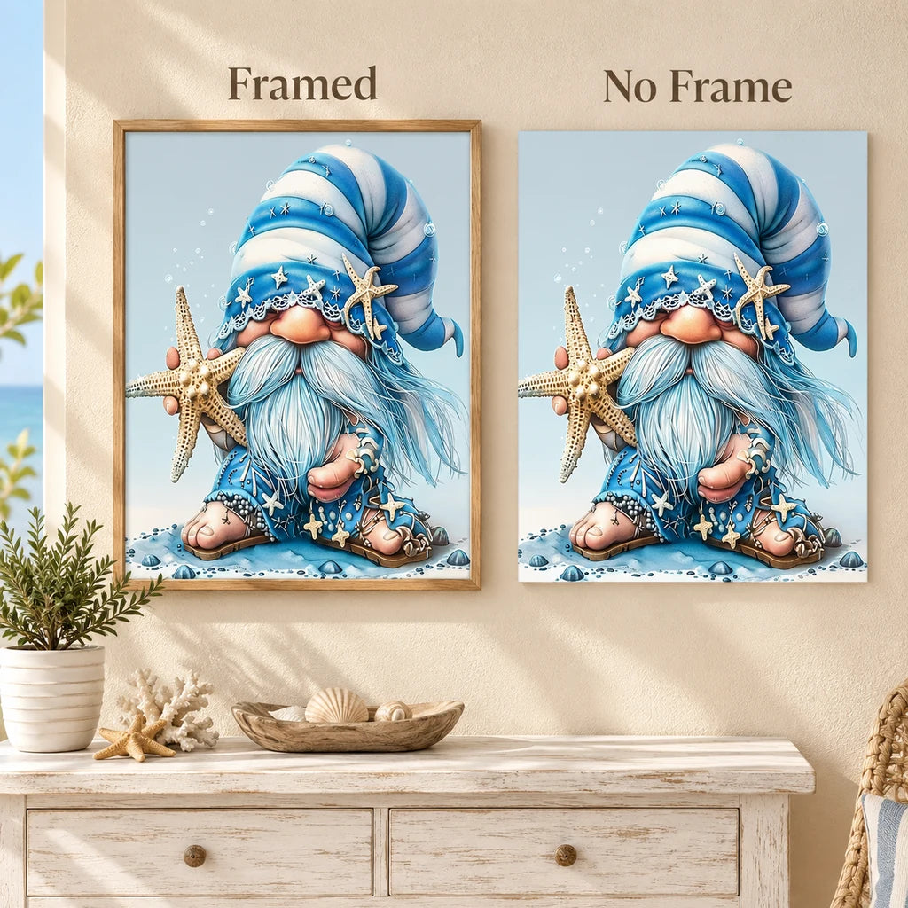 Framed and no-frame comparison for Seaside Starfish Gnome Diamond Painting Kit, showing the same seaside gnome in a starry blue hat holding a starfish.