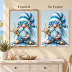 Framed and no-frame comparison for Seaside Starfish Gnome Diamond Painting Kit, showing the same seaside gnome in a starry blue hat holding a starfish.