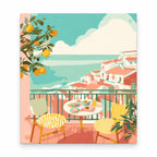 Seaside Terrace with Lemons paint by numbers artwork on a front-facing canvas against a white background