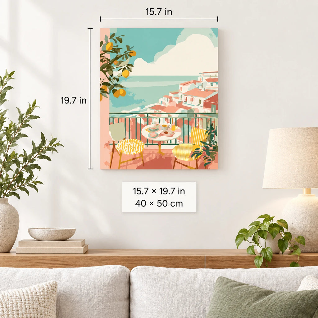 Seaside Terrace with Lemons shown in a styled room with 15.7 x 19.7 in and 40 x 50 cm dimensions