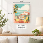 Seaside Terrace with Lemons shown in a styled room with 15.7 x 19.7 in and 40 x 50 cm dimensions