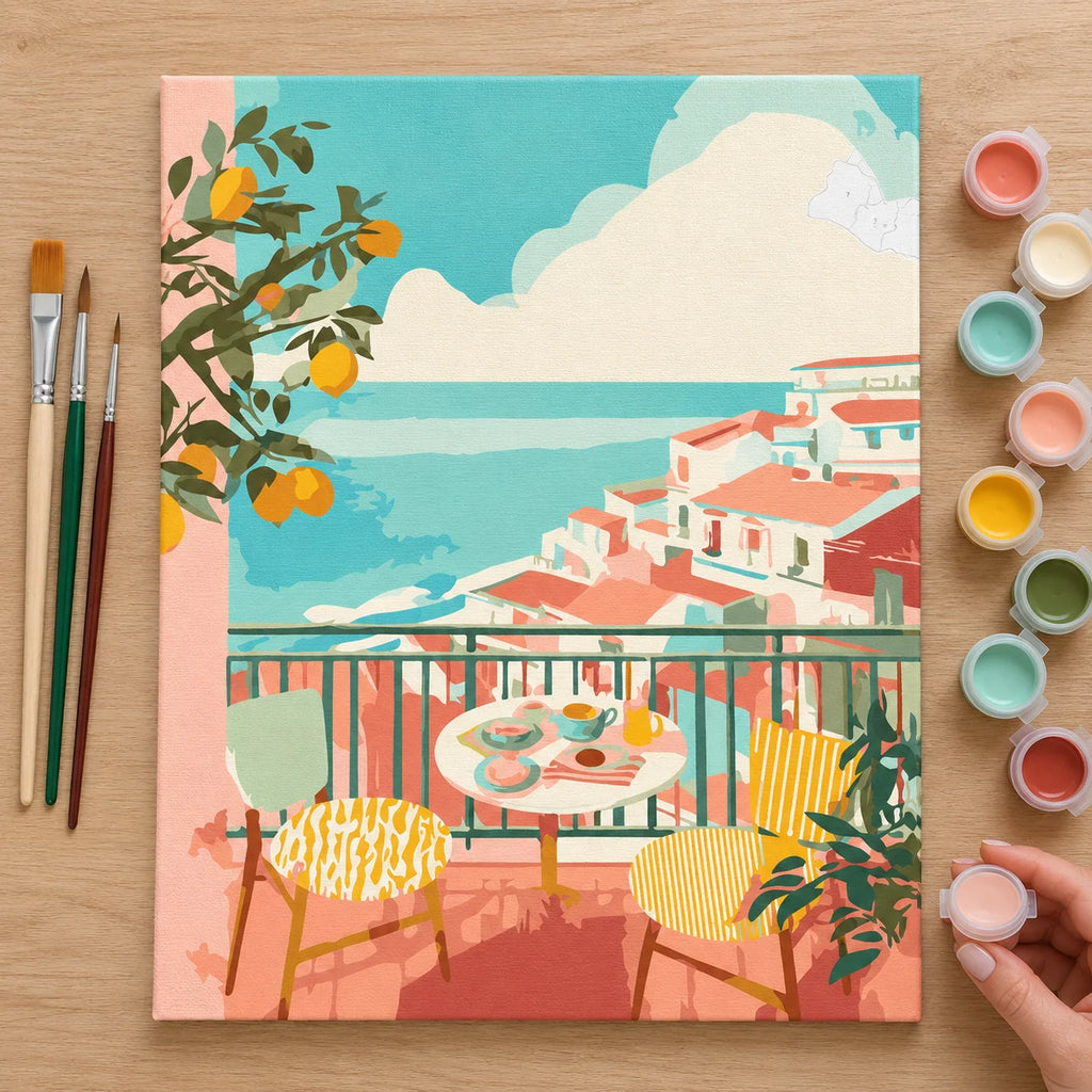 Complete Seaside Terrace with Lemons numbered canvas being painted with acrylic paints and brushes