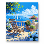 Seaside Terrace with Sailboats paint by numbers artwork on a front-facing canvas against a white background
