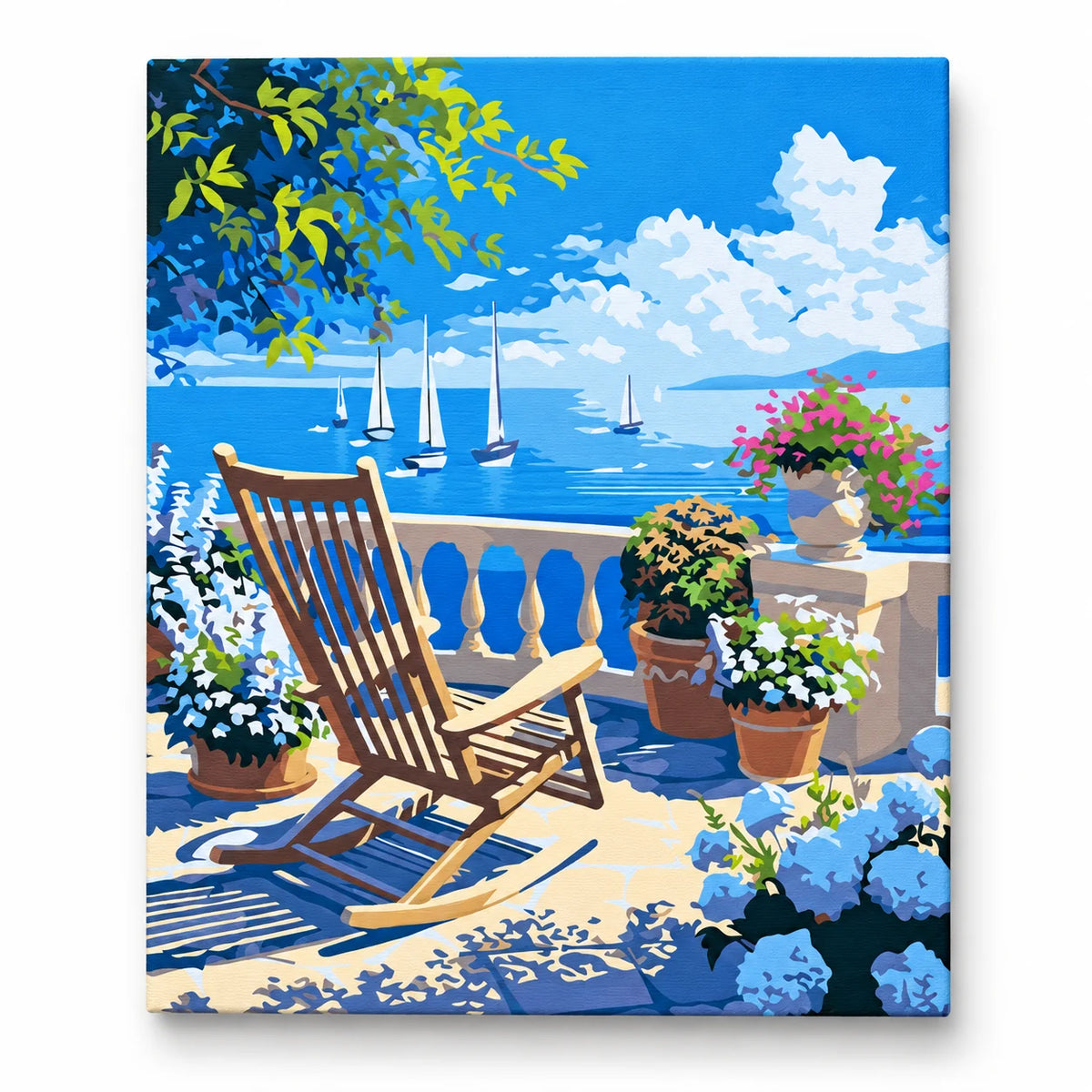 Seaside Terrace with Sailboats paint by numbers artwork on a front-facing canvas against a white background