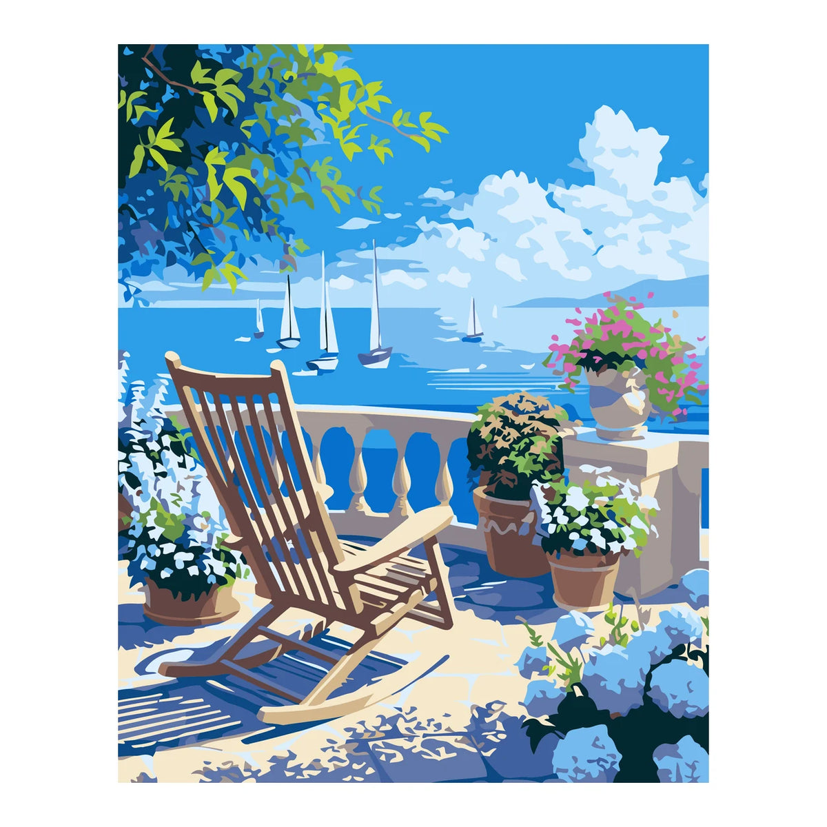 Seaside Terrace with Sailboats completed artwork on a clean white background