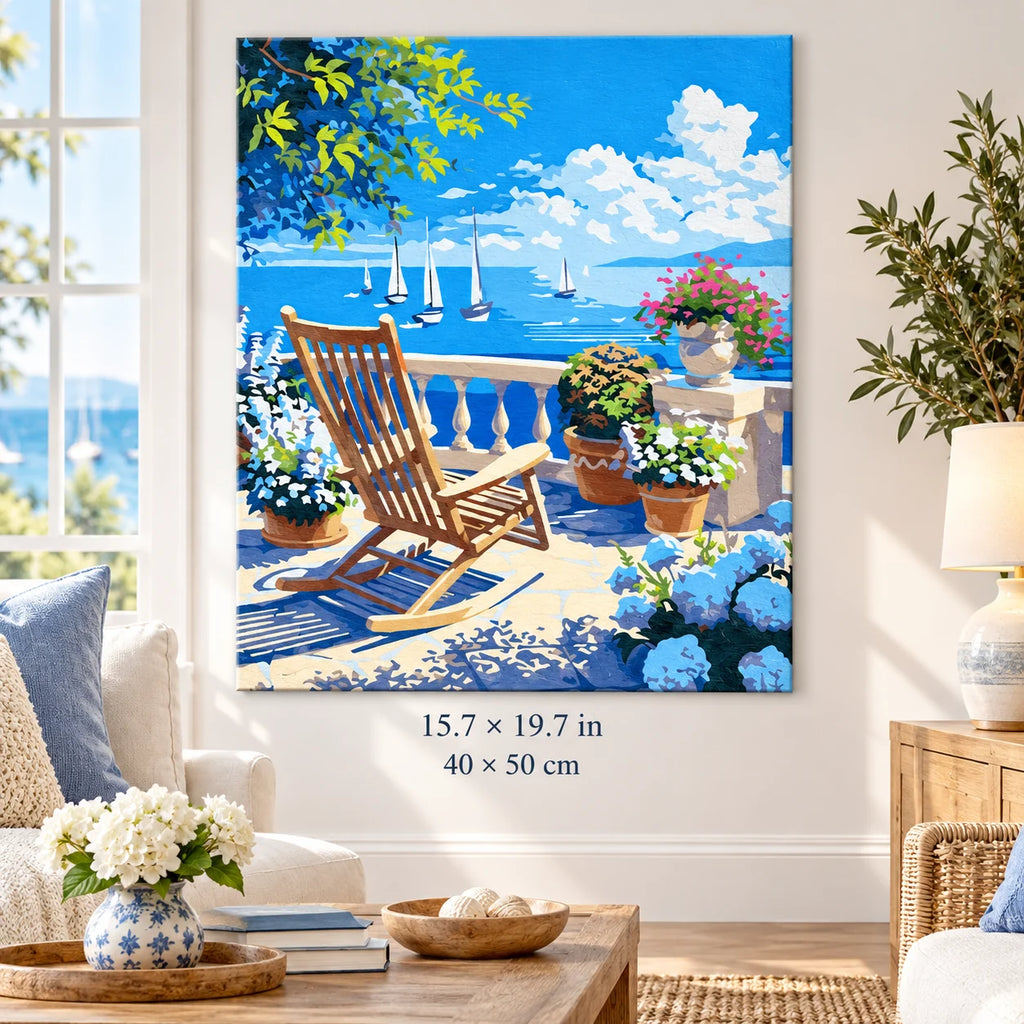 Seaside Terrace with Sailboats shown in a styled room with 15.7 × 19.7 in and 40 × 50 cm dimensions