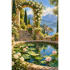 Original artwork showing a flower-covered stone arch, garden path and pond with water lilies.