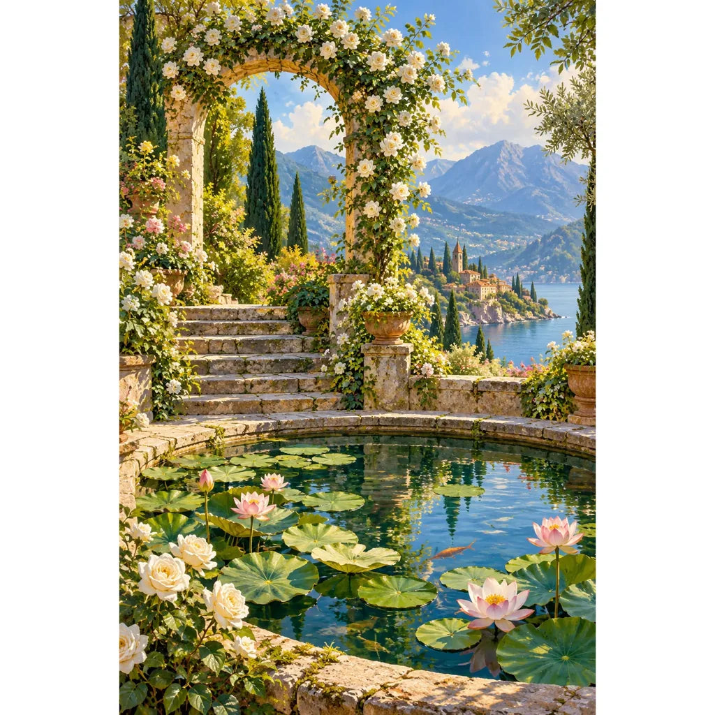 Original artwork showing a flower-covered stone arch, garden path and pond with water lilies.