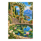 Finished diamond painting of a flowered garden arch and lily pond on a white background.
