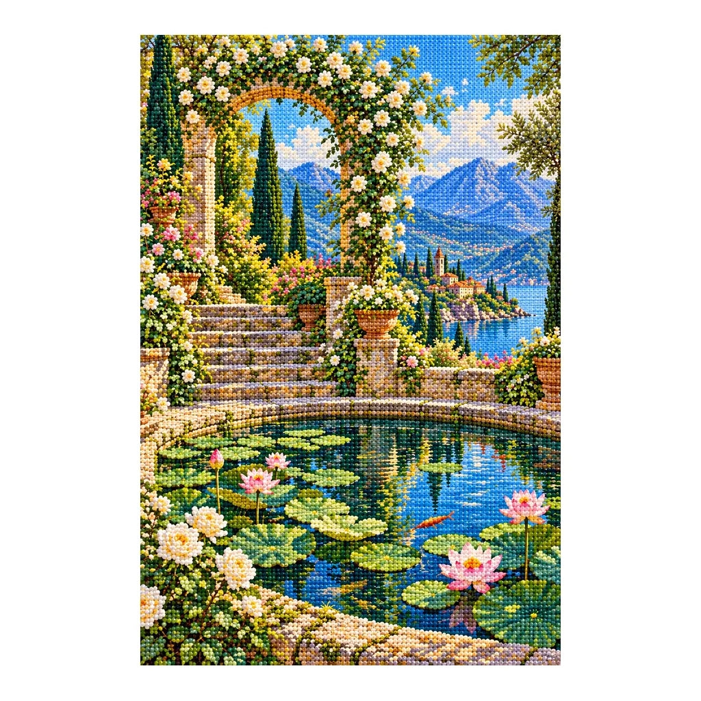 Finished diamond painting of a flowered garden arch and lily pond on a white background.