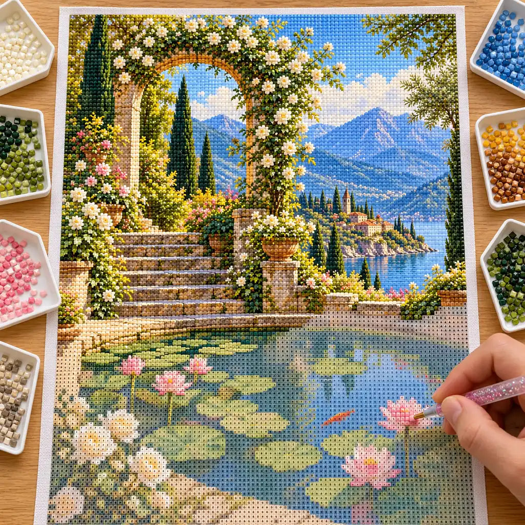 In-progress diamond painting of the secret garden pond design being filled with drills.