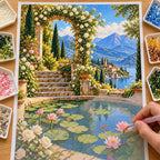 In-progress diamond painting of the secret garden pond design being filled with drills.