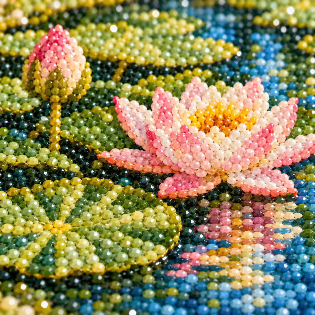 Close-up detail of colorful drills forming pink water lilies and a garden pond.
