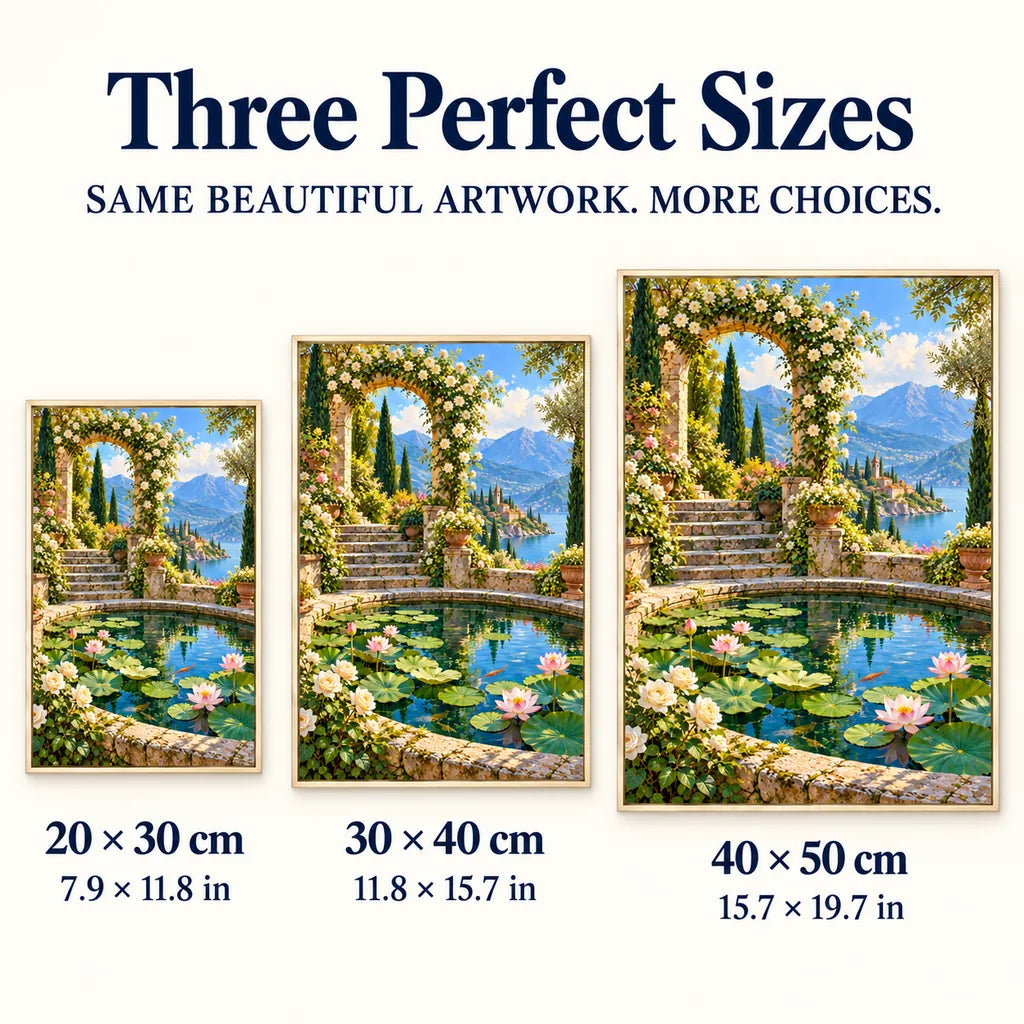 Three available sizes for the secret garden pond design: 20 × 30, 30 × 40 and 40 × 50 cm.