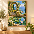 Home decor scene featuring the secret garden pond diamond painting in a framed display.