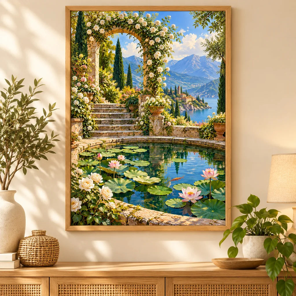 Home decor scene featuring the secret garden pond diamond painting in a framed display.