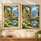 Framed and no-frame comparison for the secret garden pond diamond painting.