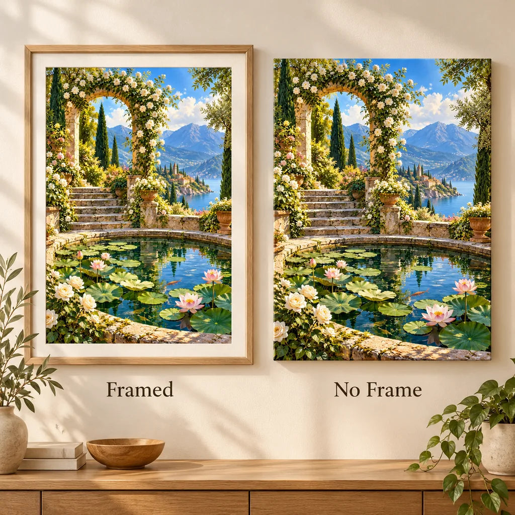 Framed and no-frame comparison for the secret garden pond diamond painting.