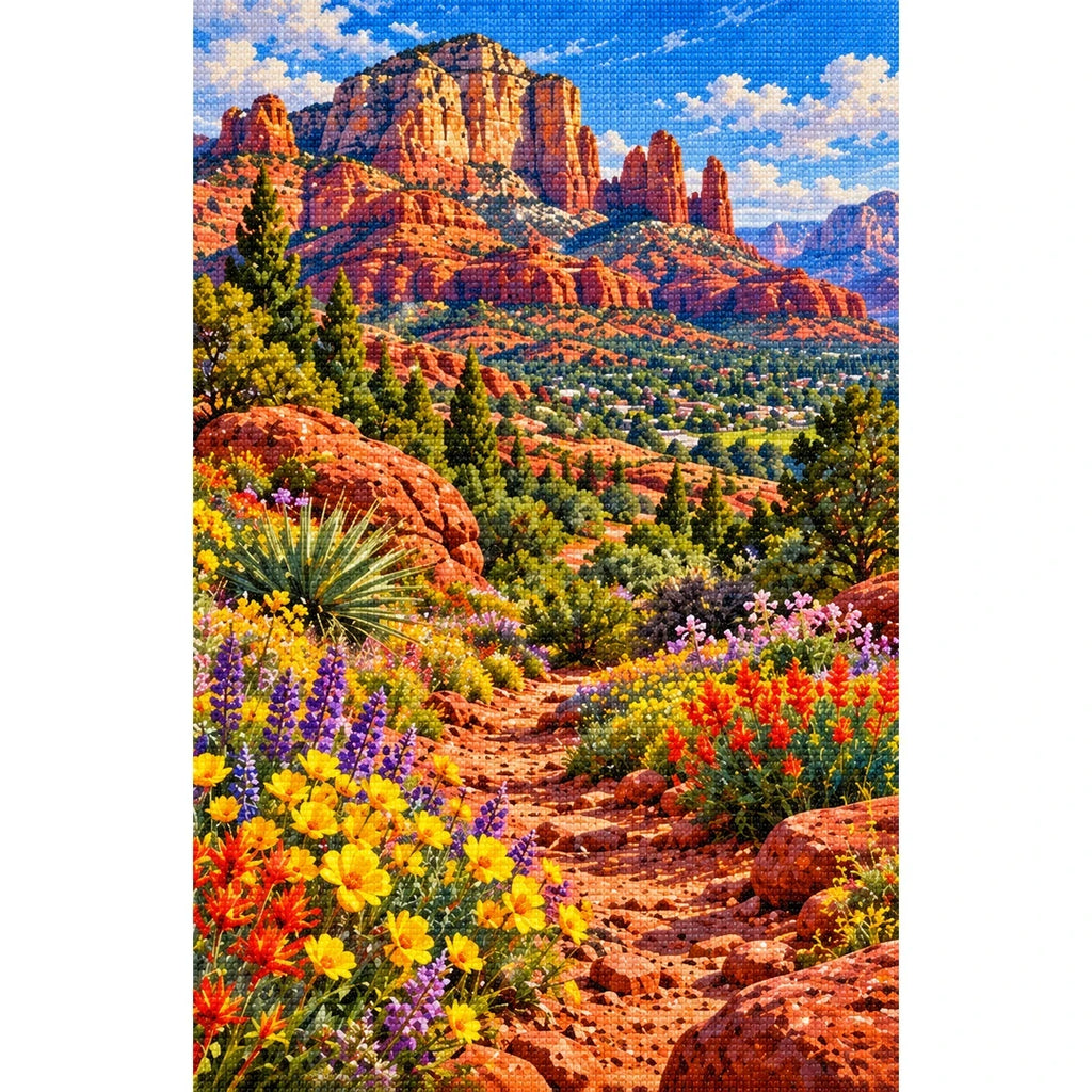 Sedona Red Rock Wildflowers finished diamond painting on white