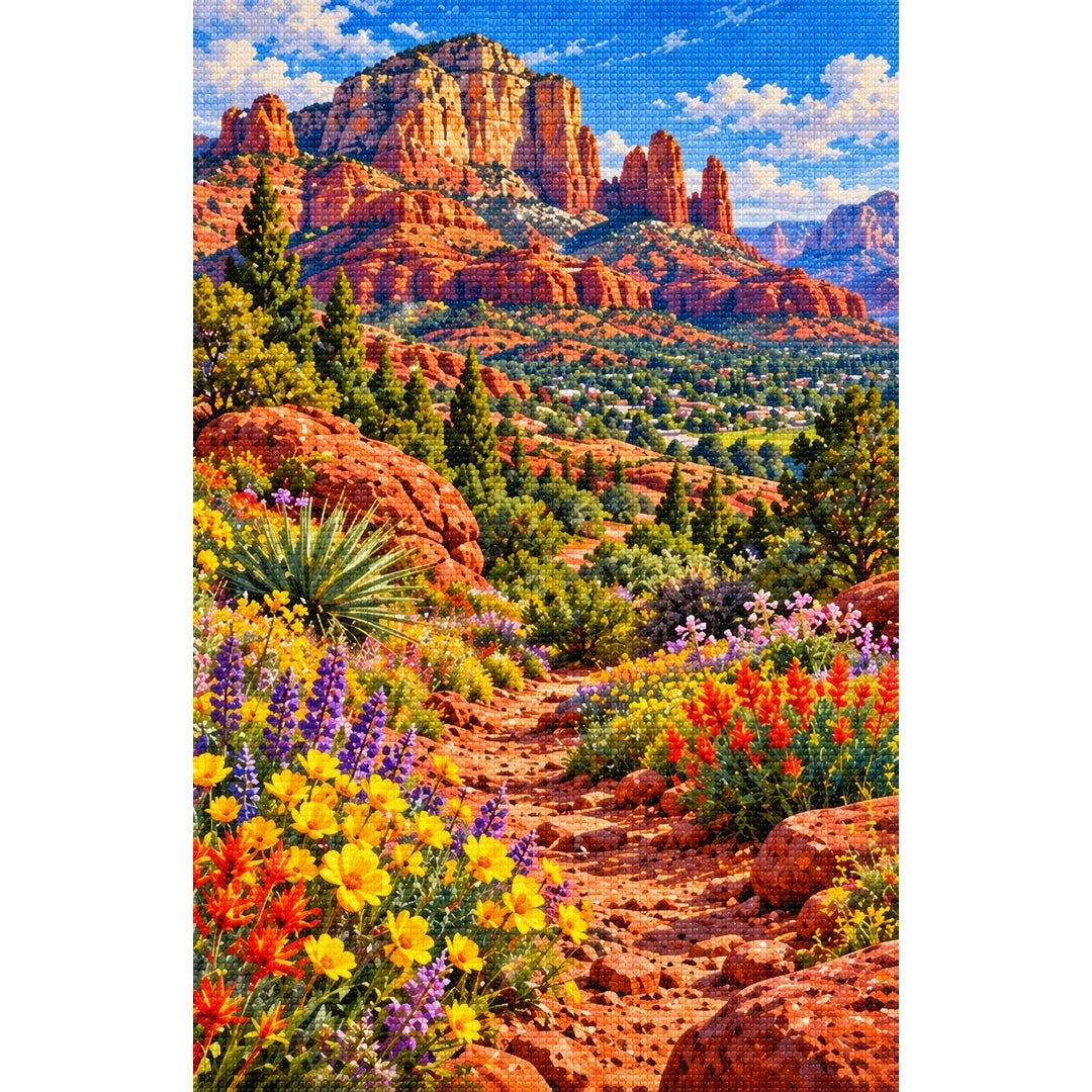 Sedona Red Rock Wildflowers finished diamond painting on white