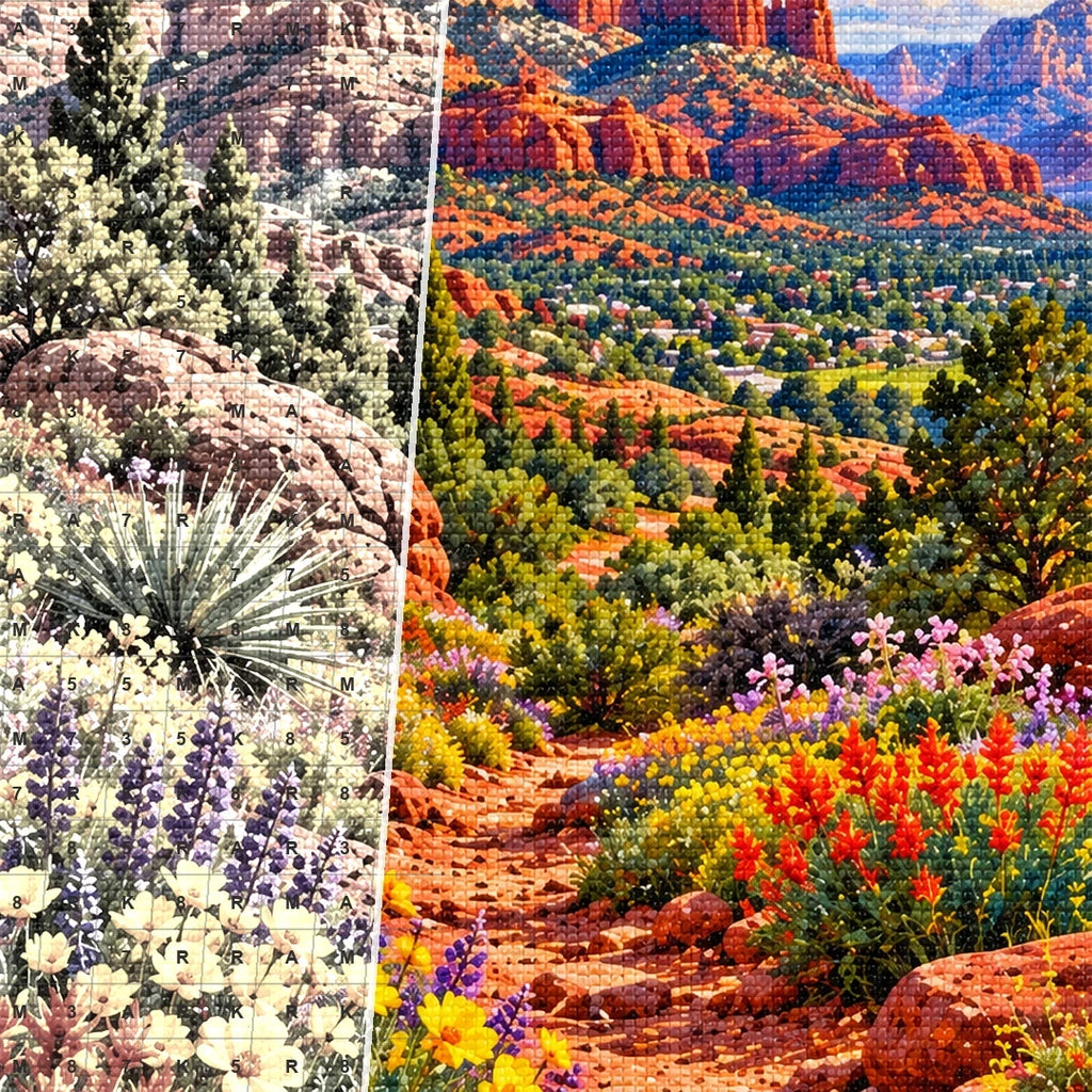 Sedona Red Rock Wildflowers canvas and resin drill detail