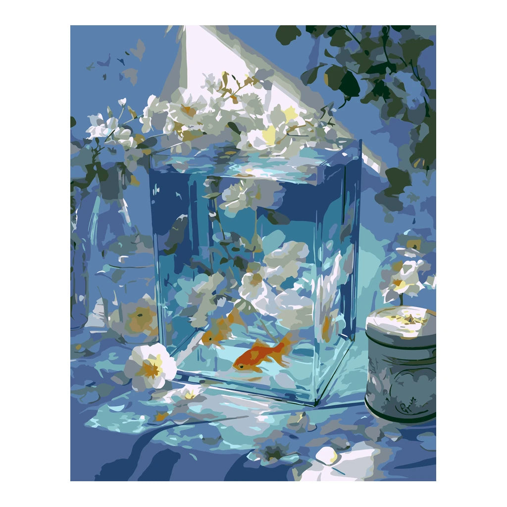 Original artwork for Serene Blue Aquarium Diamond Painting Kit, showing a orange goldfish swimming among white blossoms inside a blue glass aquarium.