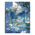 Original artwork for Serene Blue Aquarium Diamond Painting Kit, showing a orange goldfish swimming among white blossoms inside a blue glass aquarium.