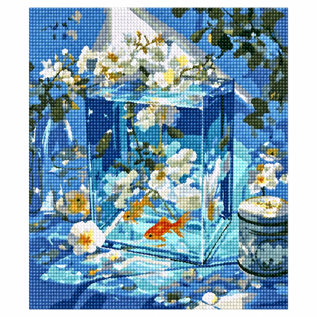 Finished diamond painting for Serene Blue Aquarium Diamond Painting Kit, showing a orange goldfish swimming among white blossoms inside a blue glass aquarium.