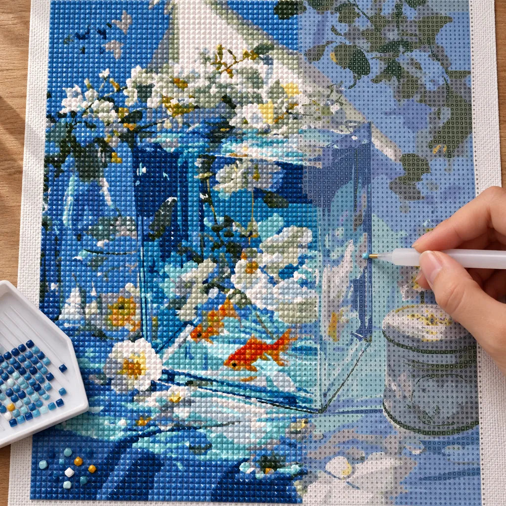 Diamond painting process for Serene Blue Aquarium Diamond Painting Kit, with hands applying drills over a orange goldfish swimming among white blossoms inside a blue glass aquarium.