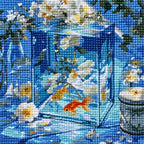 Close-up detail of drill texture across a orange goldfish swimming among white blossoms inside a blue glass aquarium.