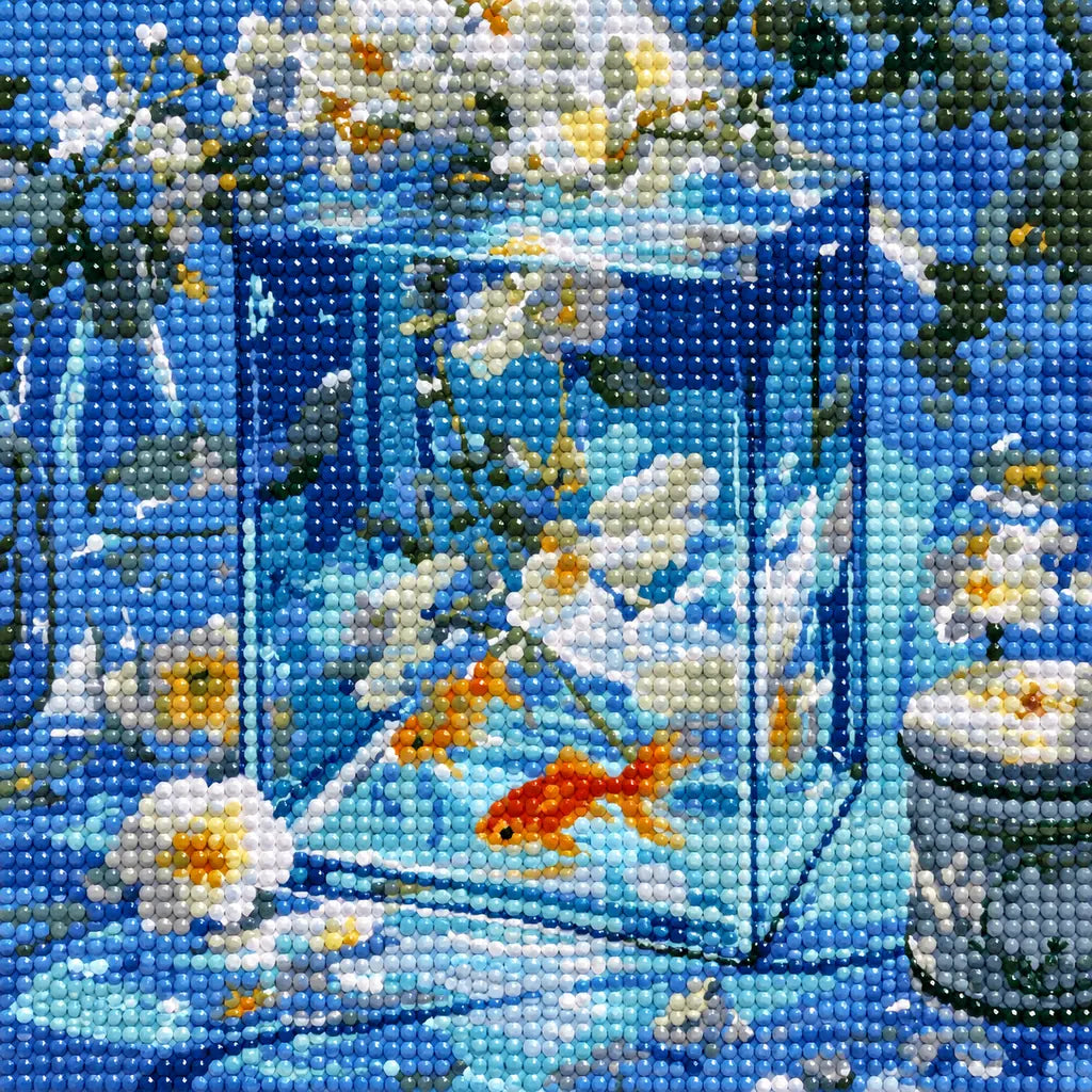 Close-up detail of drill texture across a orange goldfish swimming among white blossoms inside a blue glass aquarium.