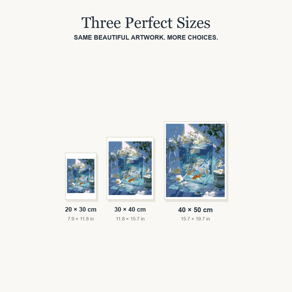 Size guide for Serene Blue Aquarium Diamond Painting Kit: 20 × 30 cm, 30 × 40 cm and 40 × 50 cm.