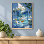 Home decor scene showing the Serene Blue Aquarium Diamond Painting Kit artwork displayed in a room.