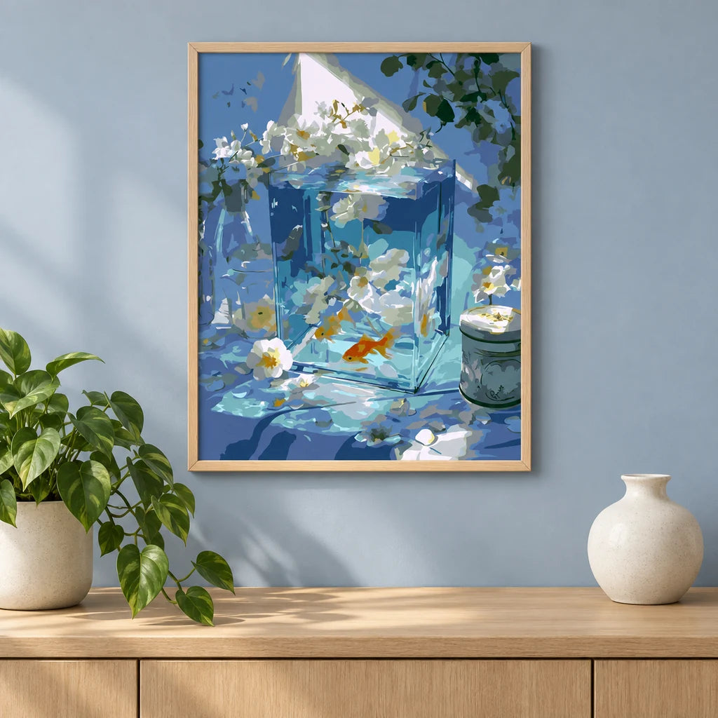 Home decor scene showing the Serene Blue Aquarium Diamond Painting Kit artwork displayed in a room.