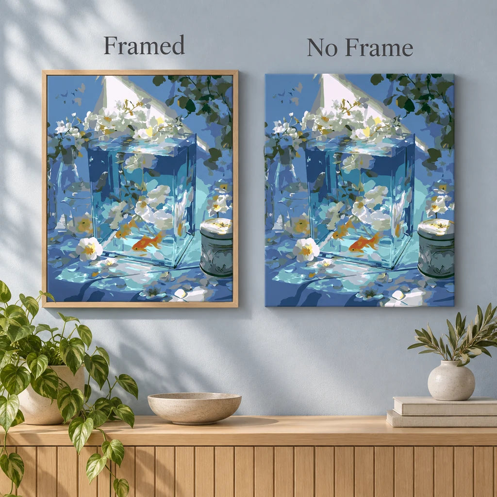 Framed and no-frame comparison for Serene Blue Aquarium Diamond Painting Kit, showing the same orange goldfish swimming among white blossoms inside a blue glass aquarium.