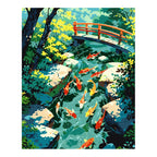 Original artwork for Serene Koi Crossing Diamond Painting Kit, showing orange and white koi beneath a red bridge in a green pond.