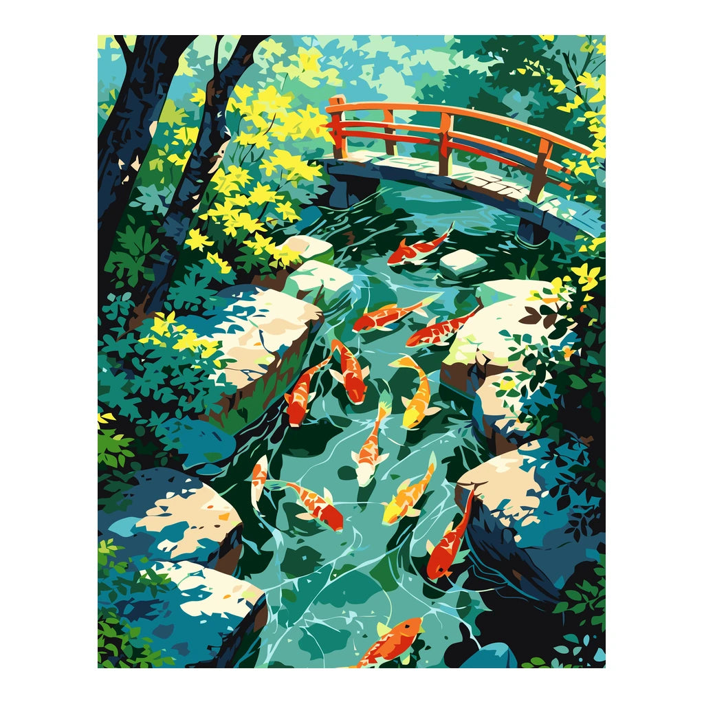 Original artwork for Serene Koi Crossing Diamond Painting Kit, showing orange and white koi beneath a red bridge in a green pond.