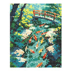 Finished diamond painting of orange and white koi beneath a red bridge in a green pond.