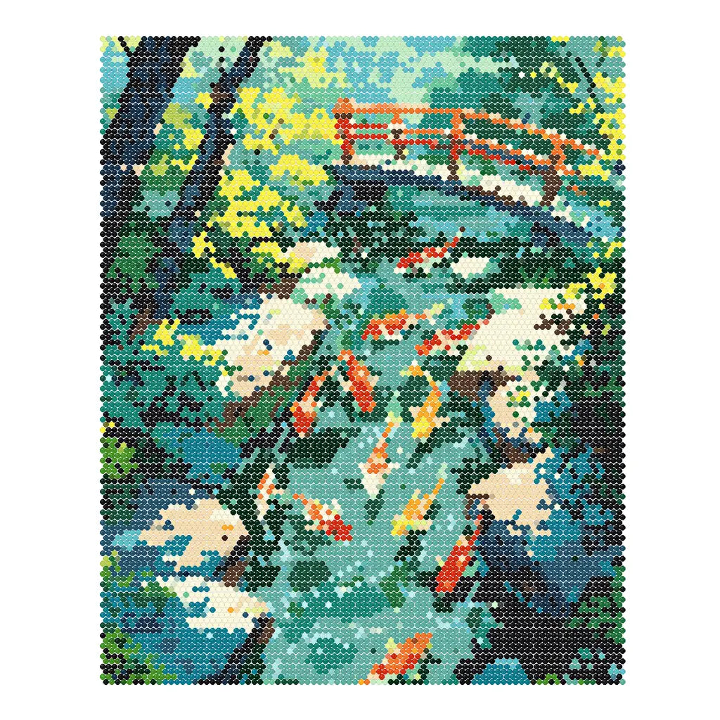 Finished diamond painting of orange and white koi beneath a red bridge in a green pond.