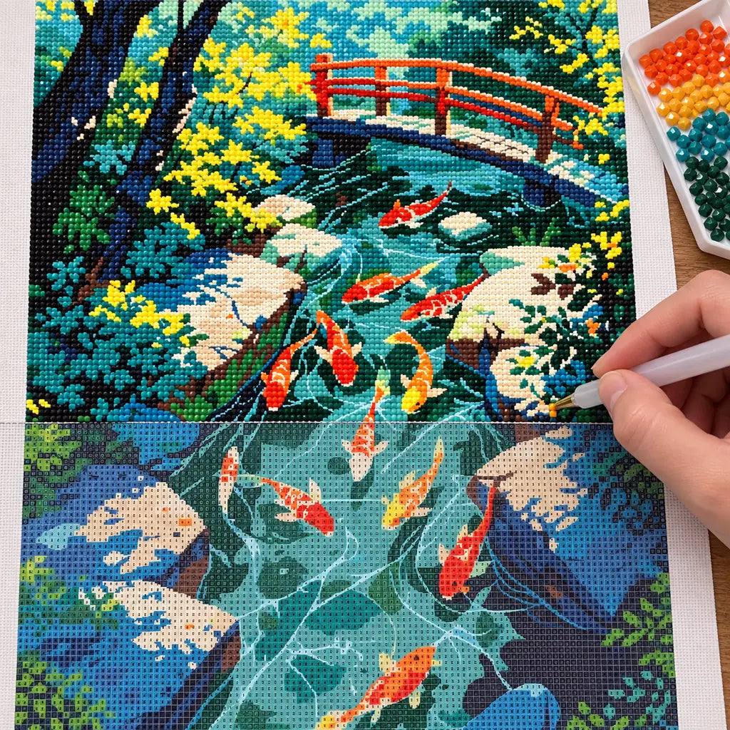 Diamond painting process for Serene Koi Crossing, showing drills being placed over orange and white koi beneath a red bridge in a green pond.