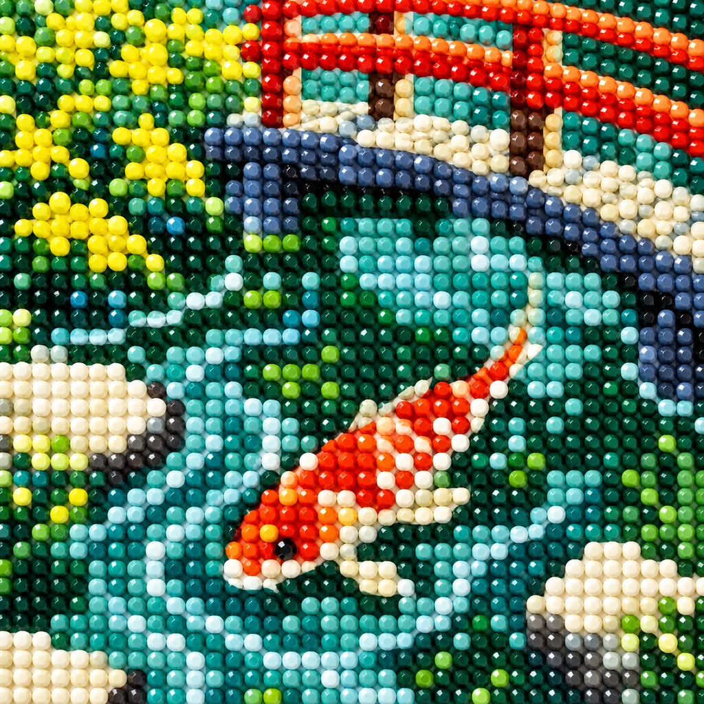 Close-up of drill texture and color in orange and white koi beneath a red bridge in a green pond.