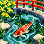 Close-up of drill texture and color in orange and white koi beneath a red bridge in a green pond.
