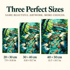 Size guide for Serene Koi Crossing: 20 × 30 cm, 30 × 40 cm, and 40 × 50 cm.
