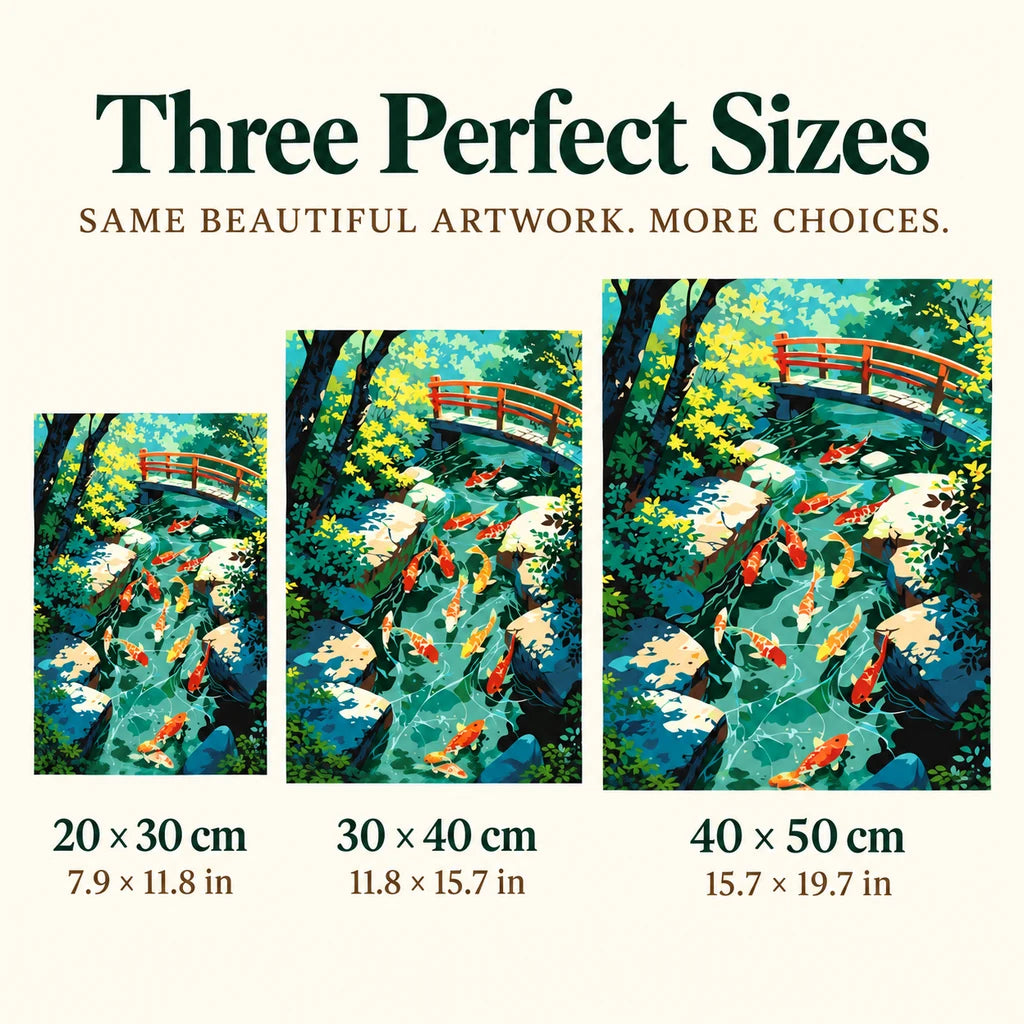 Size guide for Serene Koi Crossing: 20 × 30 cm, 30 × 40 cm, and 40 × 50 cm.