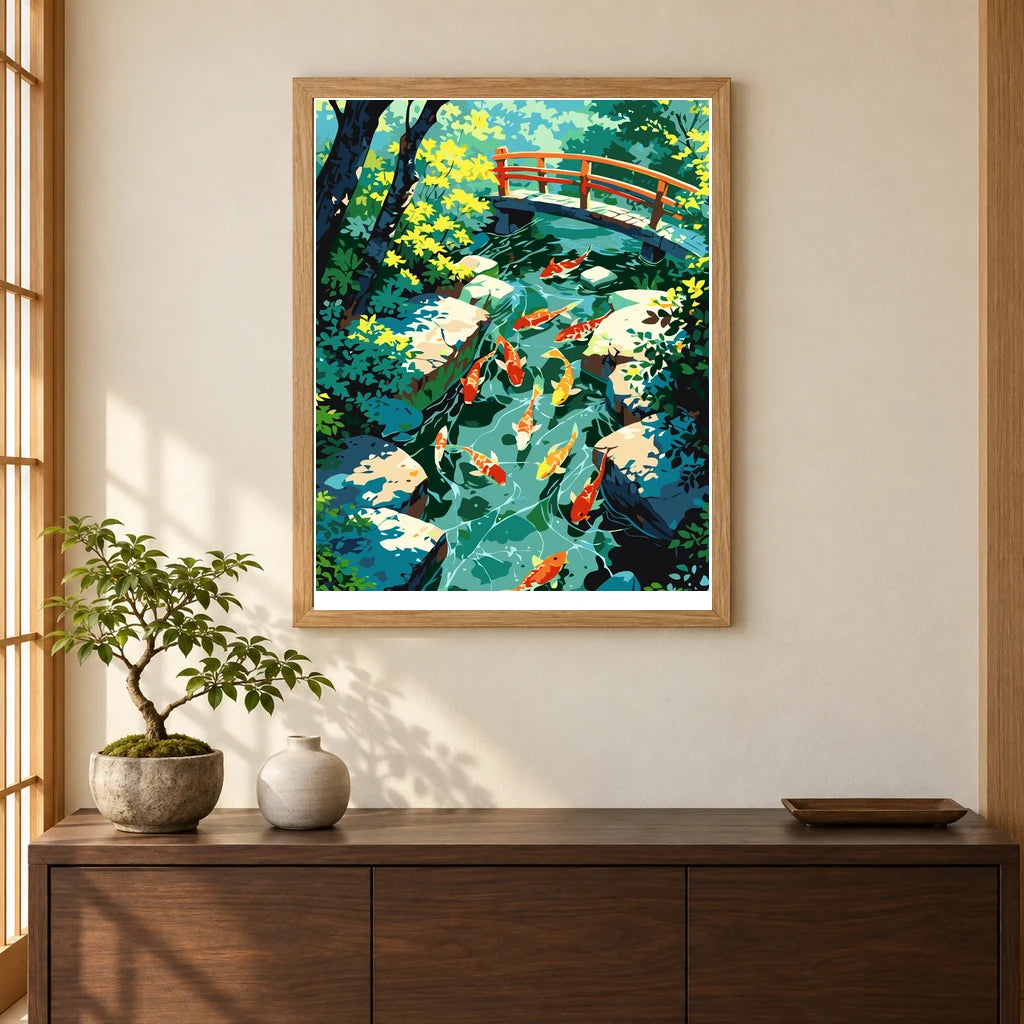 Home decor scene showing Serene Koi Crossing artwork displayed on a wall.